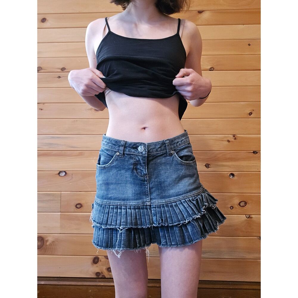 Y2K 2000s Flare Pleated DREAM Distressed Ruffle Flare Denim Jean Mini Skirt